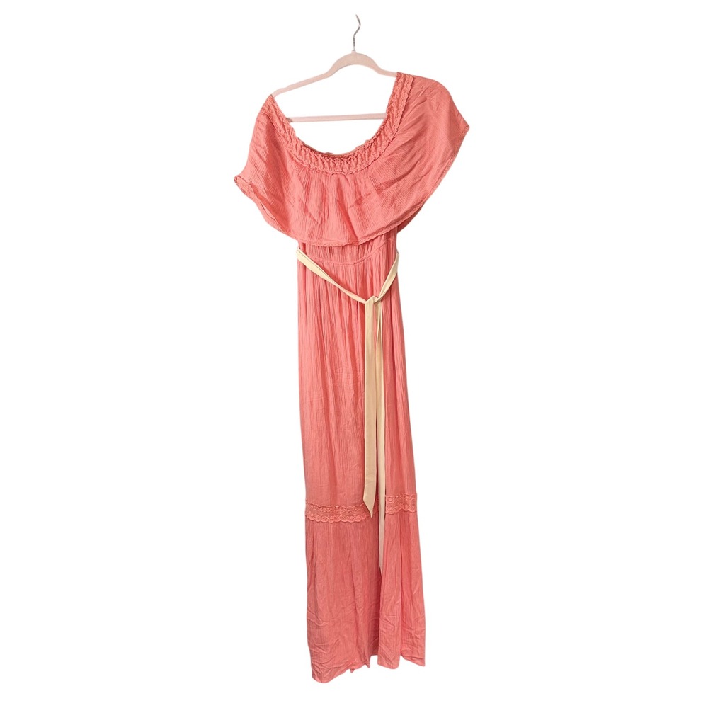 Maude Coral Pink Off Shoulder Maxi Dress Boho Lace Trim Rayon ID12333 Size M
